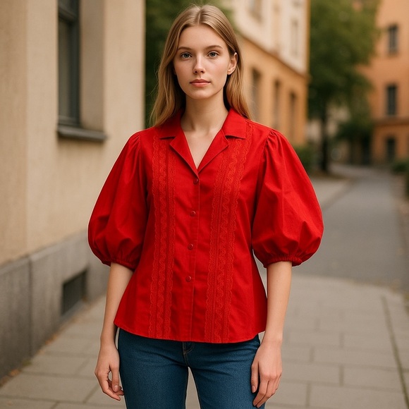 NEW VTG Carefree Fashions Cottagecore Blouse Womens M Red Lace Elbow Sleeve - Picture 1 of 6